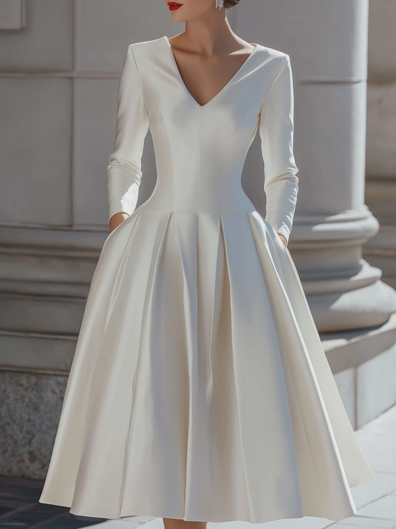 Olivia Bennet | Elegant Satin V-Neck Pleated A-Line Midi Dress