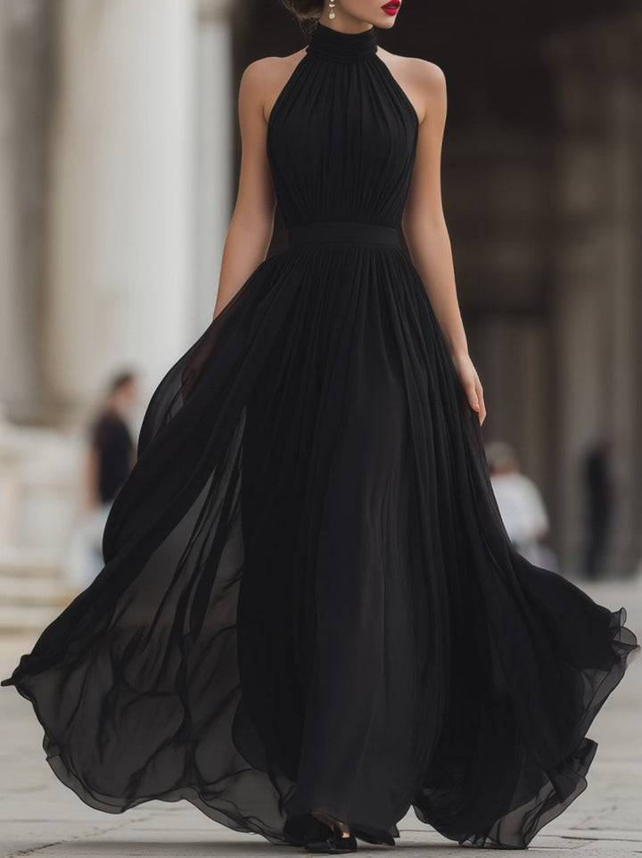 Olivia Bennet | Black Halter Neck Pleated Chiffon Maxi Dress