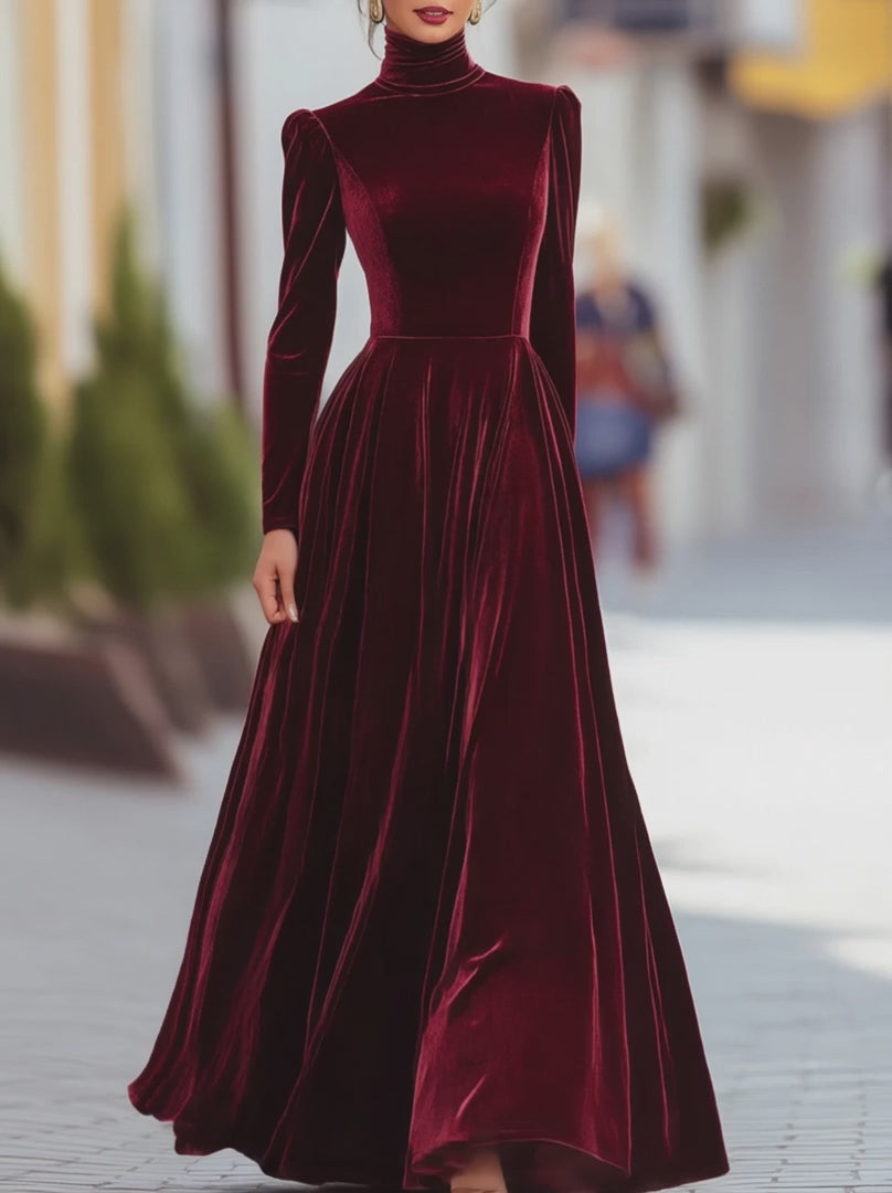 Olivia Bennet | Burgundy Velvet Long-Sleeve Gown