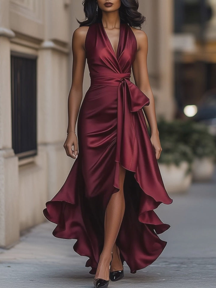 Olivia Bennet | Midnight Elegance Satin Halter Ruffle Gown