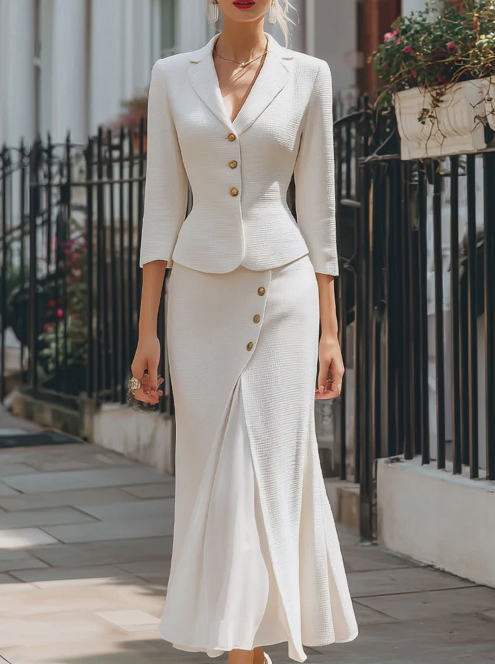 Olivia Bennet | Elegant Textured Buttoned Blazer & Midi Skirt Set