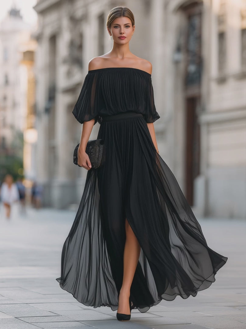 Olivia Bennet | Off-Shoulder Pleated Chiffon Maxi Dress