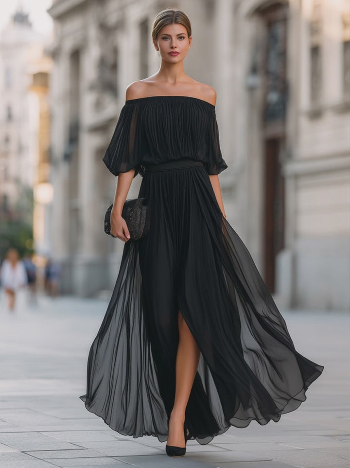 Olivia Bennet | Off-Shoulder Pleated Chiffon Maxi Dress