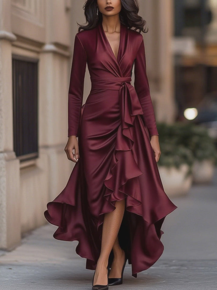 Olivia Bennet | Midnight Blue Draped Satin Maxi Dress With Ruffle Details