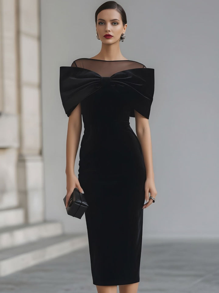 Olivia Bennet | Dramatic Black Velvet Bow Midi Dress
