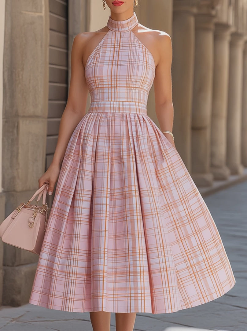 Olivia Bennet | Halter High-Neck Plaid A-Line Midi Dress