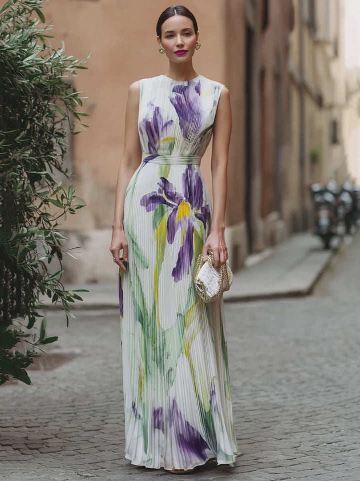 Olivia Bennet | Iris Bloom Sleeveless Plissé Maxi Gown
