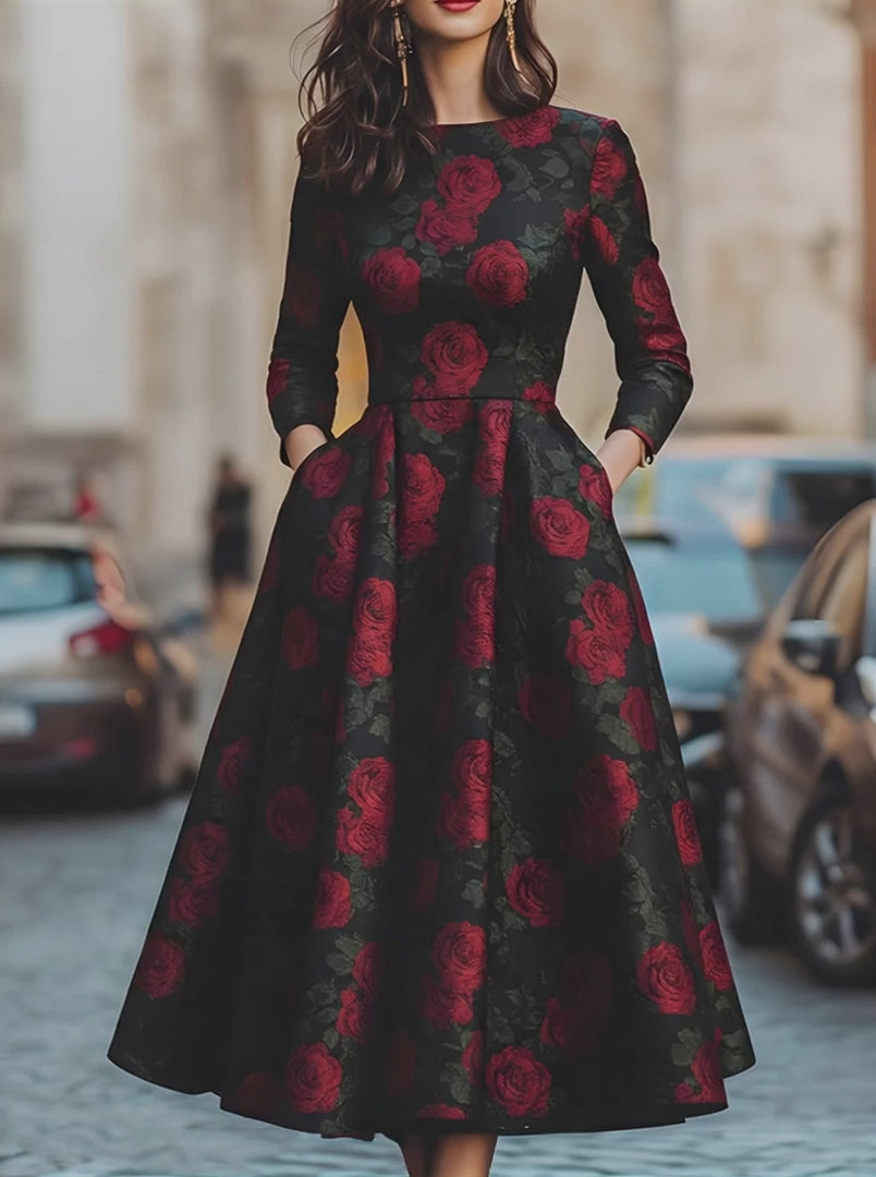 Olivia Bennet | Elegant Jacquard Rose Print Midi Dress