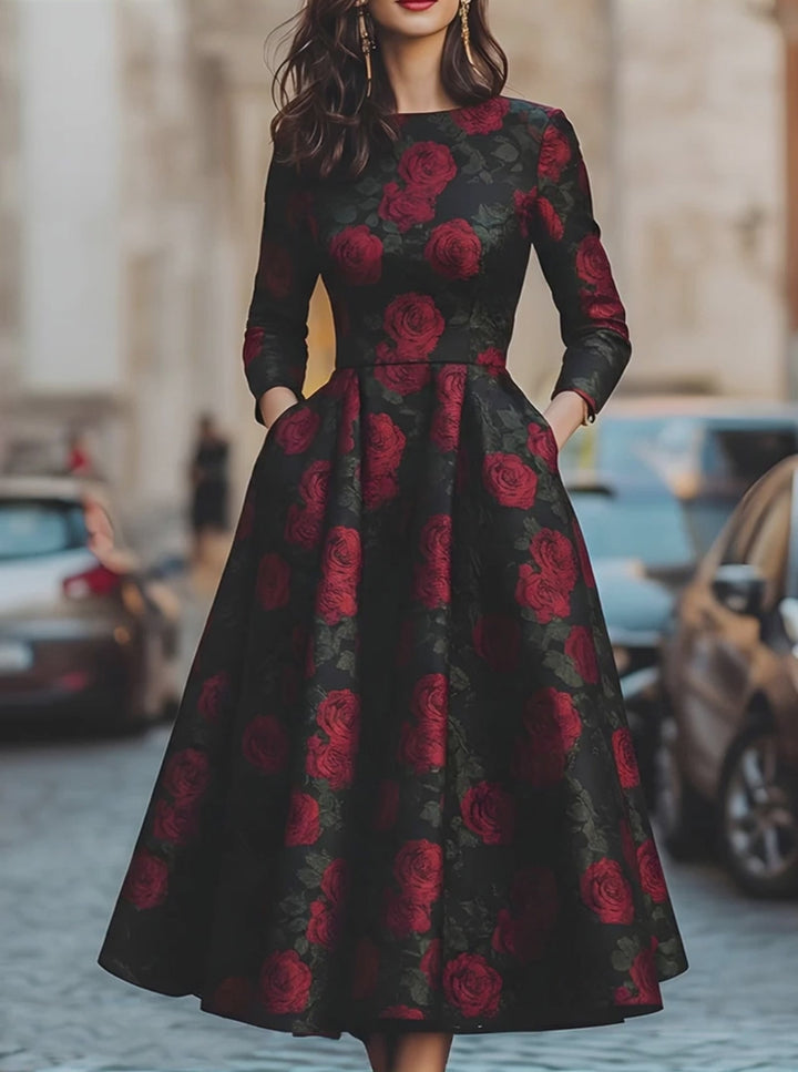 Olivia Bennet | Elegant Jacquard Rose Print Midi Dress