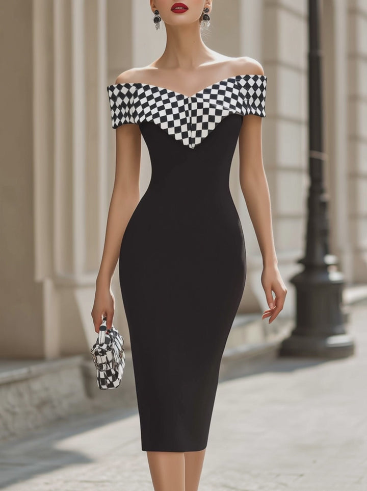 Olivia Bennet | Chic Black & White Checkered Off-Shoulder Bodycon Midi Dress