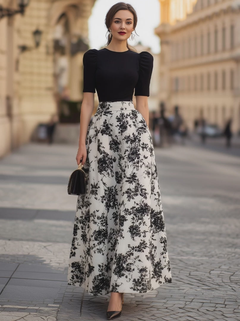 Olivia Bennet | Black Puff Sleeve Bodice & Black Floral Print Maxi Dress