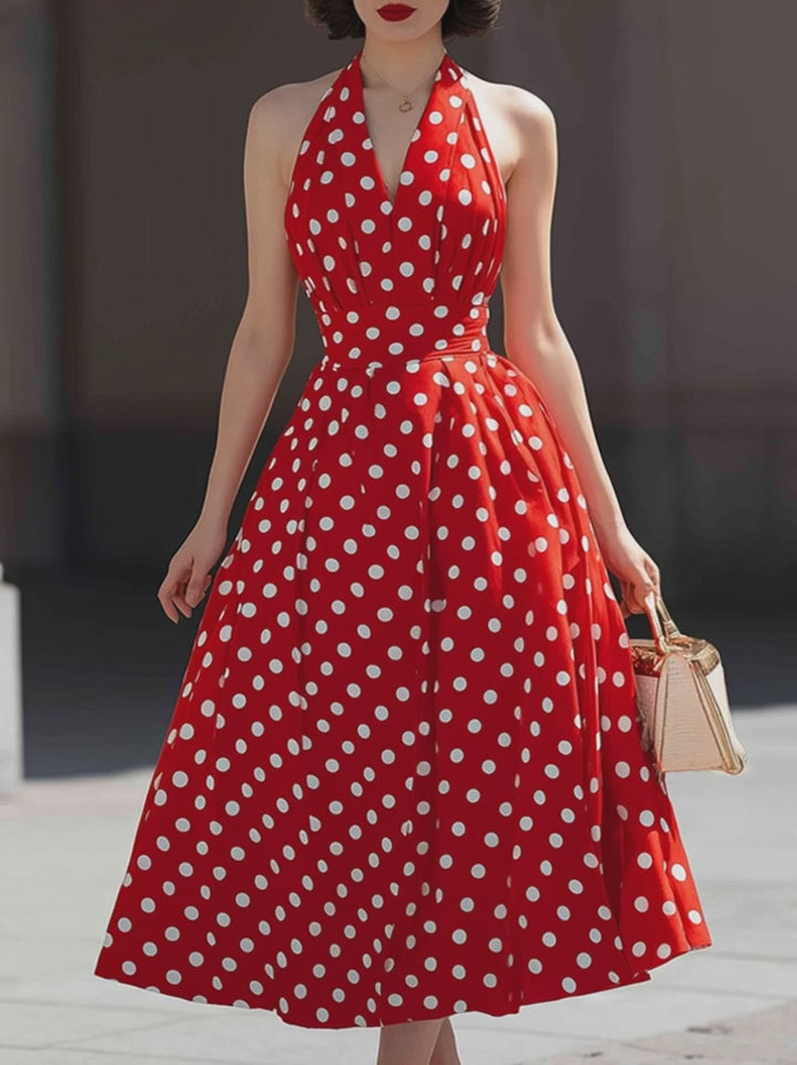 Olivia Bennet | Halter V-Neck Polka Dot A-Line Midi Dress
