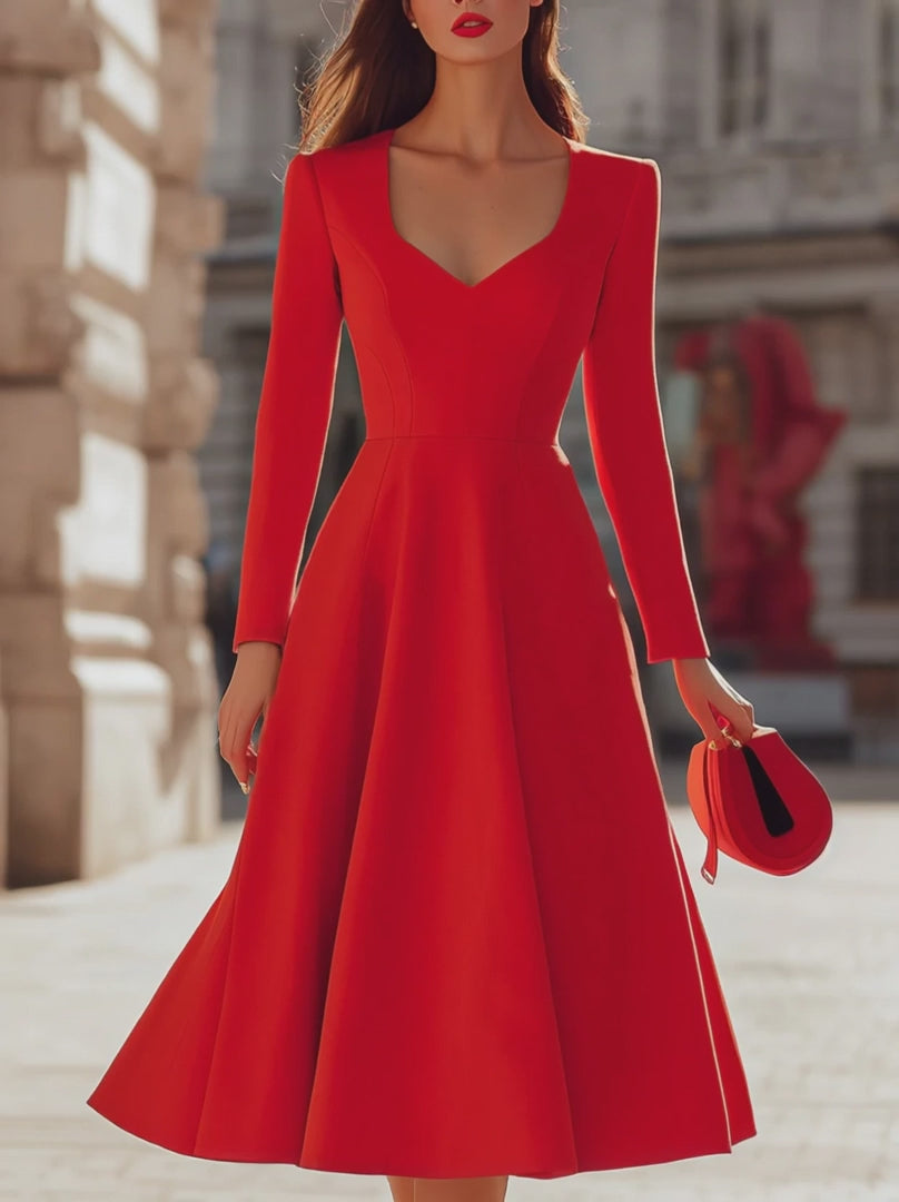 Olivia Bennet | Elegant Red V - Neck Midi Fit - And - Flare Dress