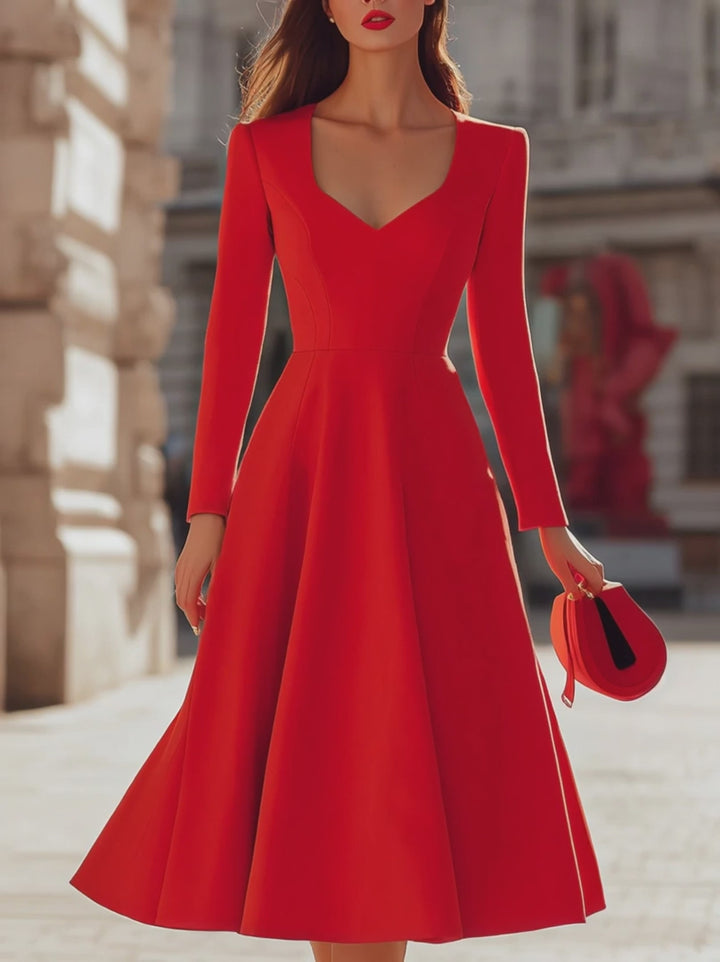 Olivia Bennet | Elegant Red V - Neck Midi Fit - And - Flare Dress