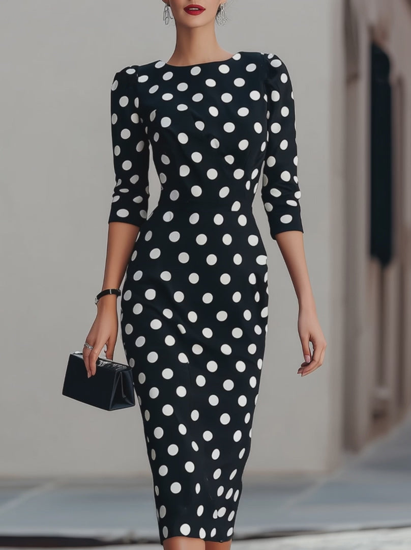 Olivia Bennet | Black & White Polka Dot Midi Sheath Dress