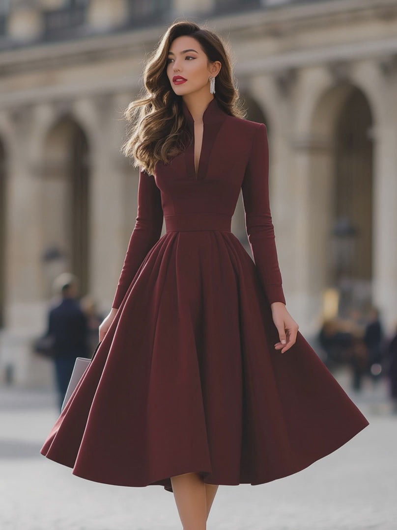 Olivia Bennet | Burgundy V-Neck Full-Skirt Midi Dress