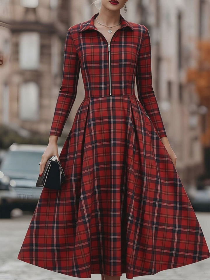Olivia Bennet | Elegant Long Sleeve Plaid Dress - Perfect Blend Of Classic And Contemporary