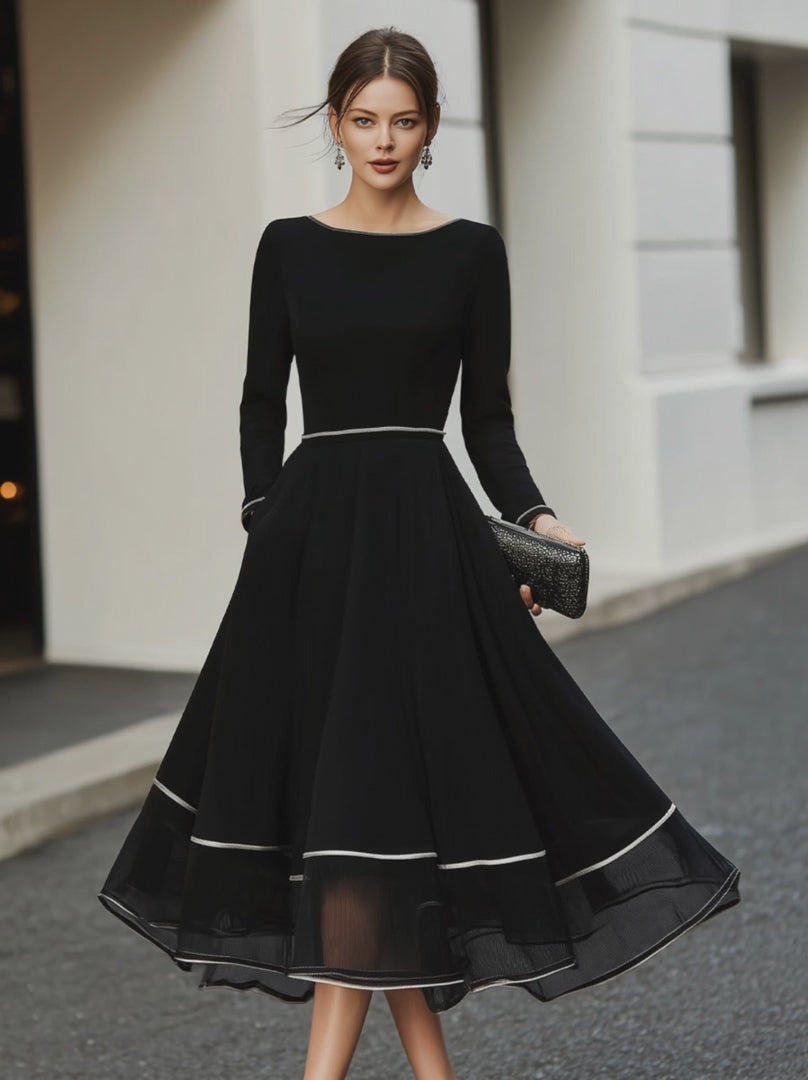 Olivia Bennet | Long Sleeve Contrast Trim Midi Dress With Flared Skirt