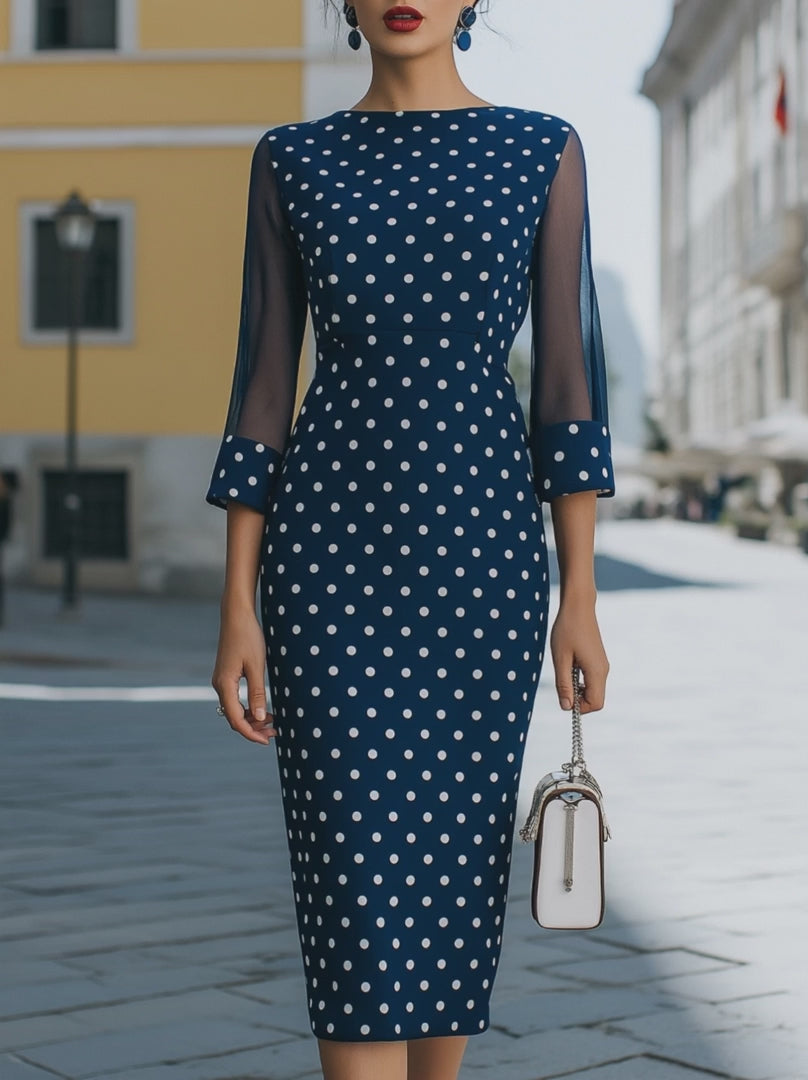 Olivia Bennet | Elegant Navy Blue White Polka Dot Mesh Sleeve Bodycon Midi Dress