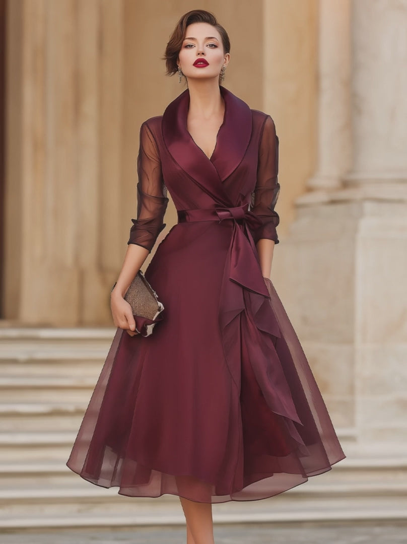 Olivia Bennet | Elegant Wrap Midi Dress With Sheer Sleeves