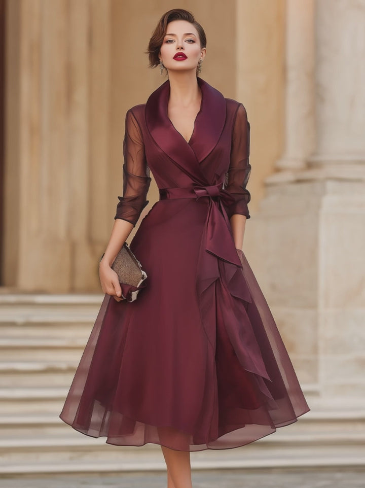 Olivia Bennet | Elegant Wrap Midi Dress With Sheer Sleeves