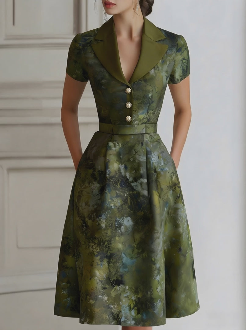 Olivia Bennet | Floral Lapel Short Sleeve Midi Dress With Tailored Waist
