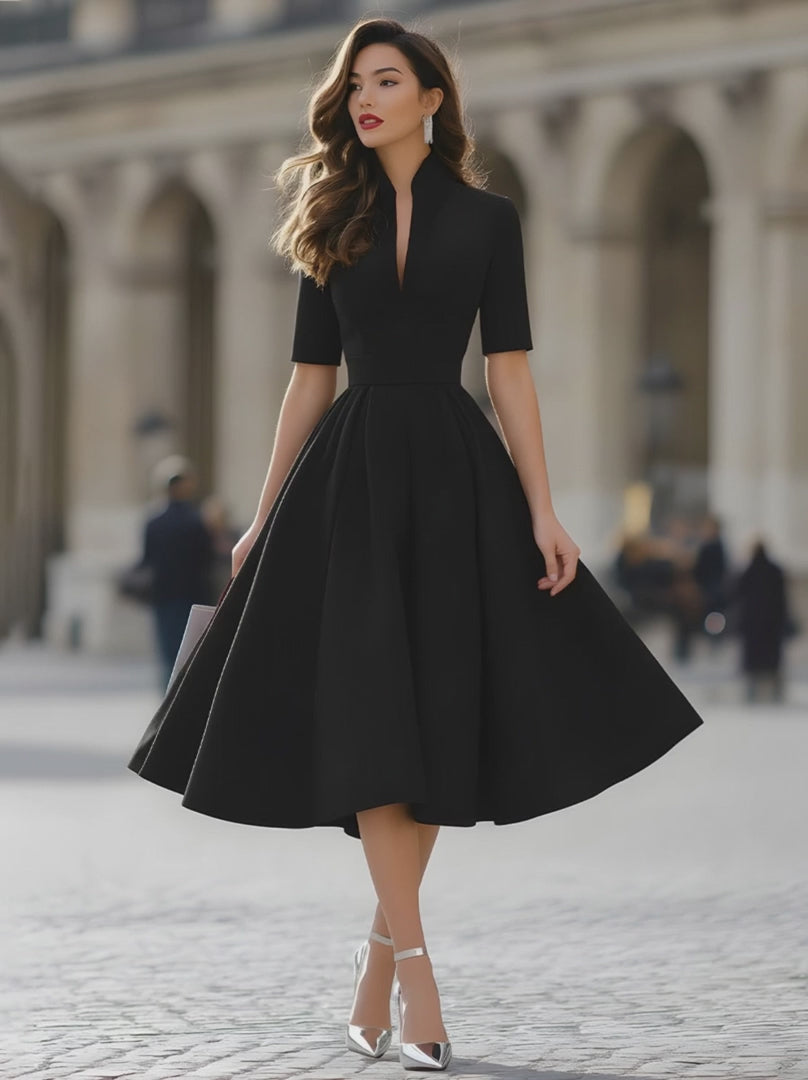 Olivia Bennet | Elegant V-Neck Tailored A-Line Midi Dress
