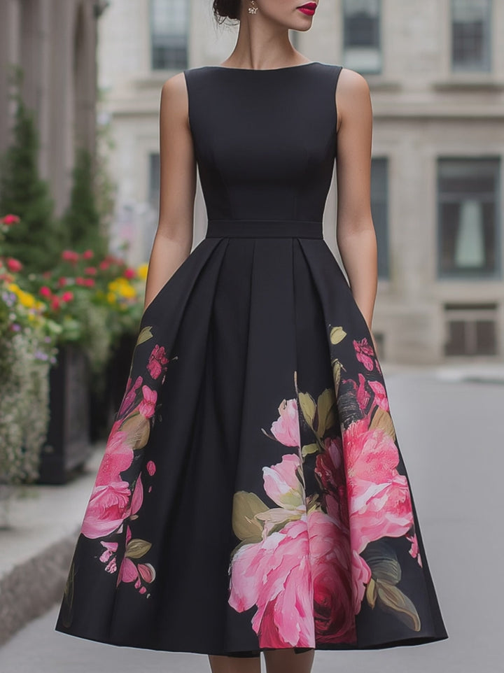 Olivia Bennet | Elegant Sleeveless Midi Dress With Floral Printed Skirt