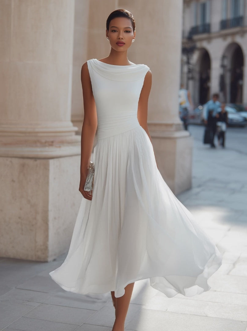 Olivia Bennet | Draped Neck Sleeveless Pleated Midi Dress