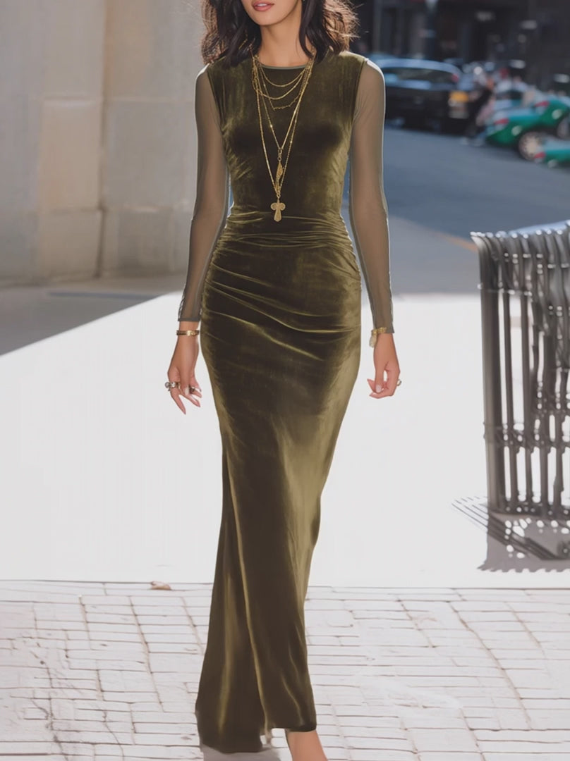 Olivia Bennet | Olive Velvet Gown With Sheer Sleeves