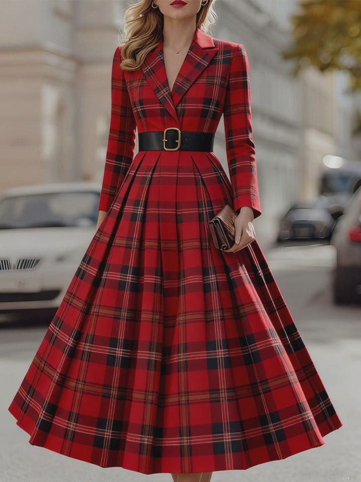Olivia Bennet | Olivia Bennet Statement Red Plaid Trench Dress With Gold Buckle Belt