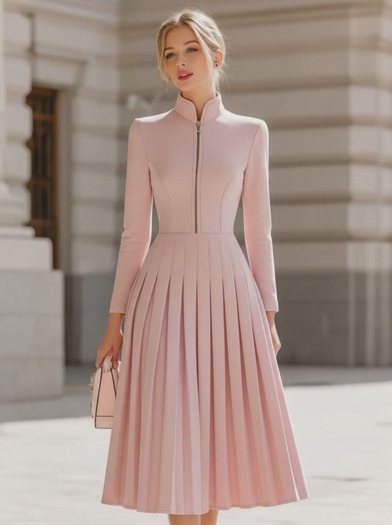 Olivia Bennet | Elegant Blush Pink Pleated Midi Dress With Stand Collar