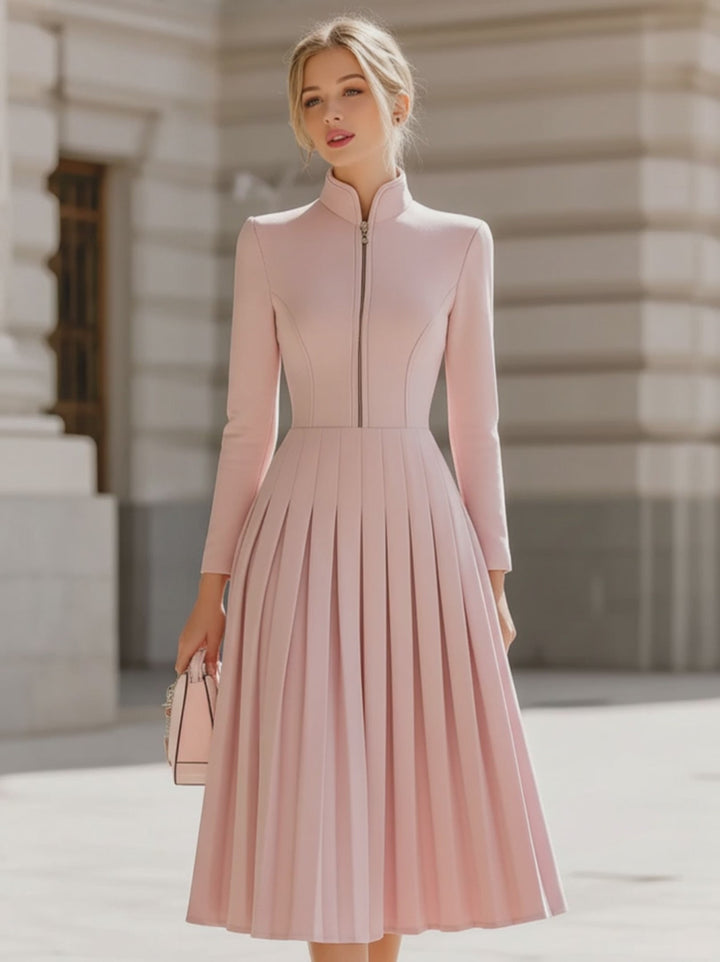 Olivia Bennet | Elegant Blush Pink Pleated Midi Dress With Stand Collar