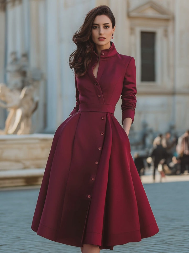 Olivia Bennet | Elegant Band Collar Button-Down Midi Dress With Belt