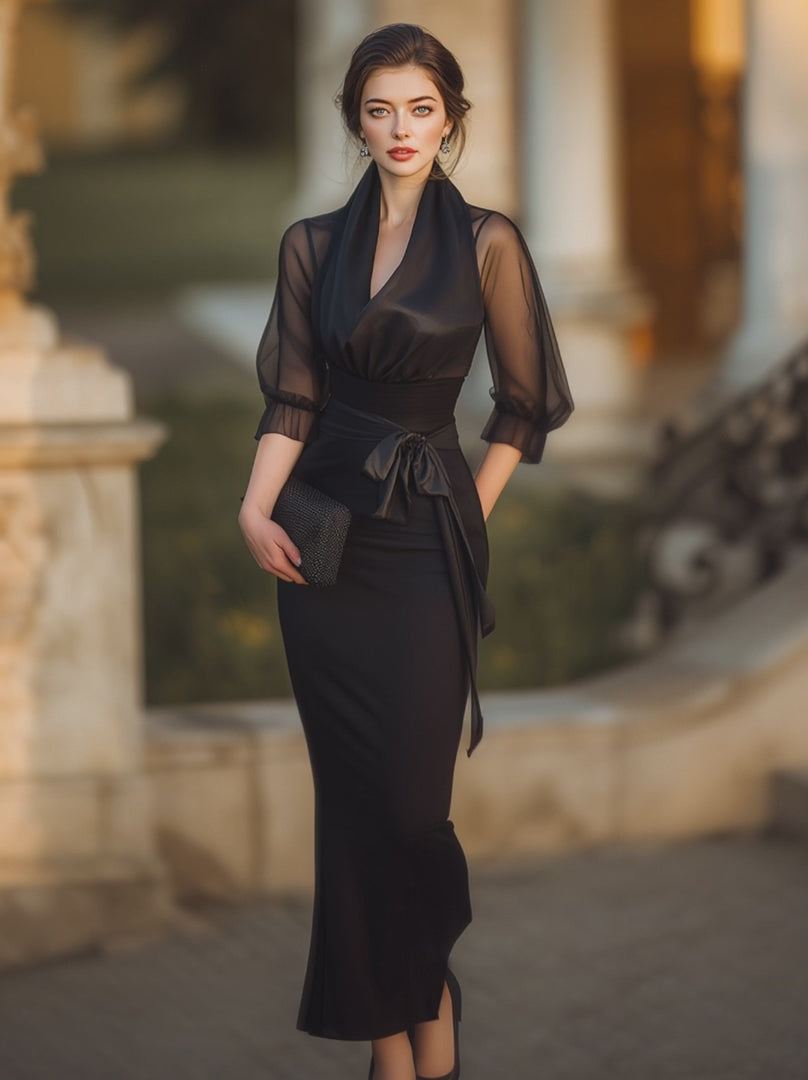 Olivia Bennet | Sheer-Drape Waist-Tie Evening Dress