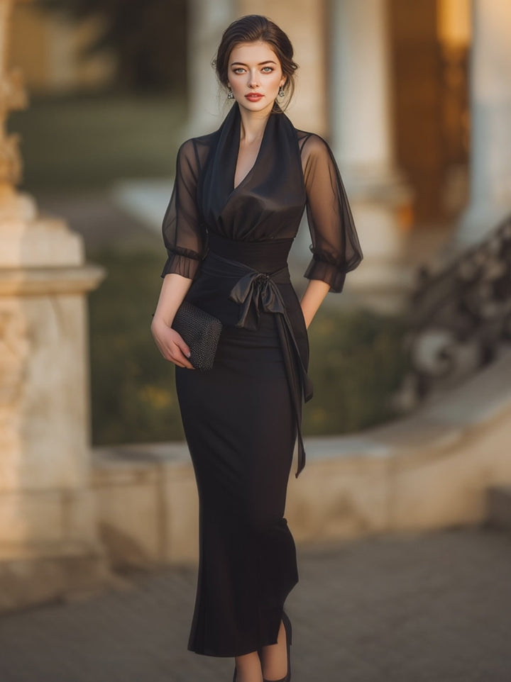 Olivia Bennet | Sheer-Drape Waist-Tie Evening Dress