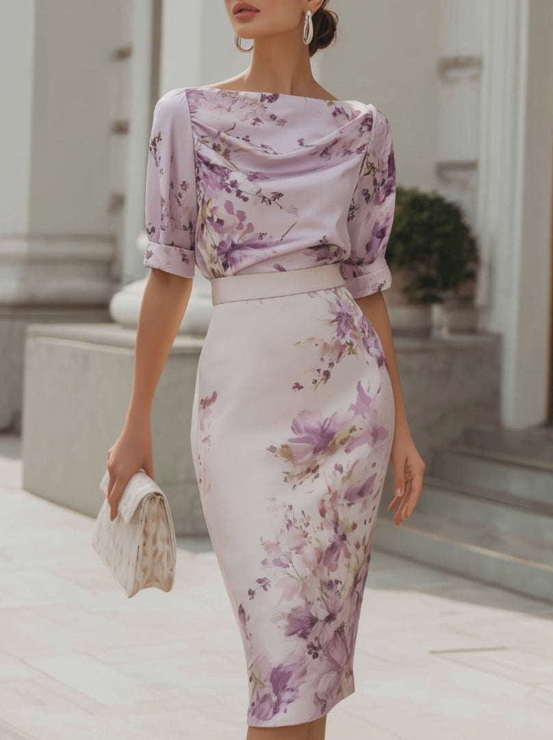Olivia Bennet | Floral Print Draped Neck Structured Pencil Midi Dress