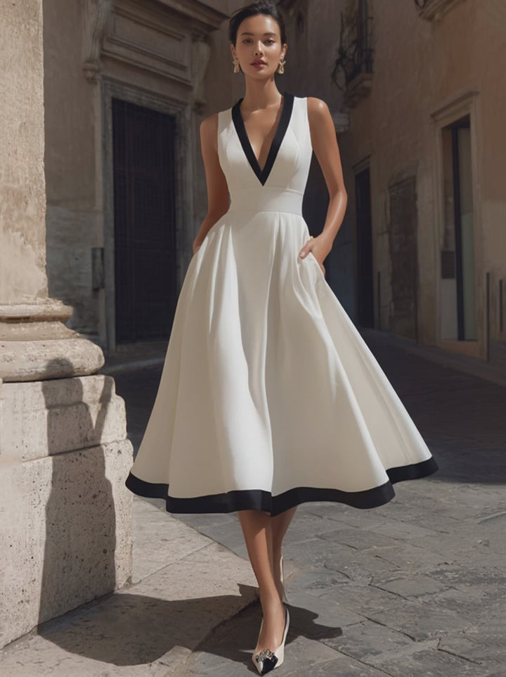 Olivia Bennet | Elegant V-Neck A-Line Midi Dress With Contrast Trim And Pockets