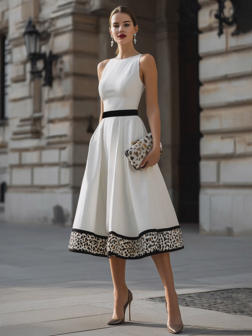 Olivia Bennet | Contrast Waist Leopard Hem A-Line Midi Dress