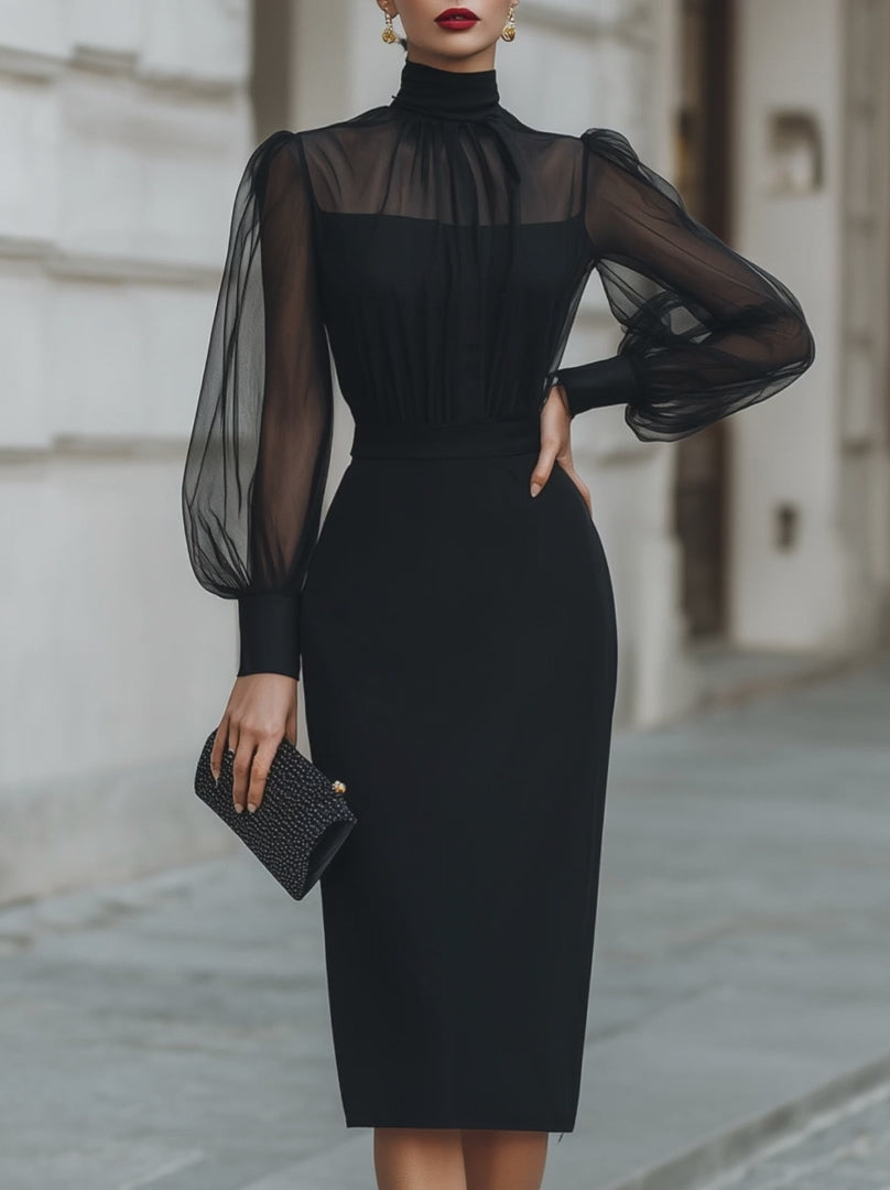 Olivia Bennet | High-Neck Sheer Sleeve Tailored Midi Dress