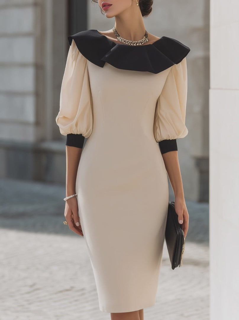 Olivia Bennet | Contrast Ruffle Collar Puff Sleeve Midi Dress