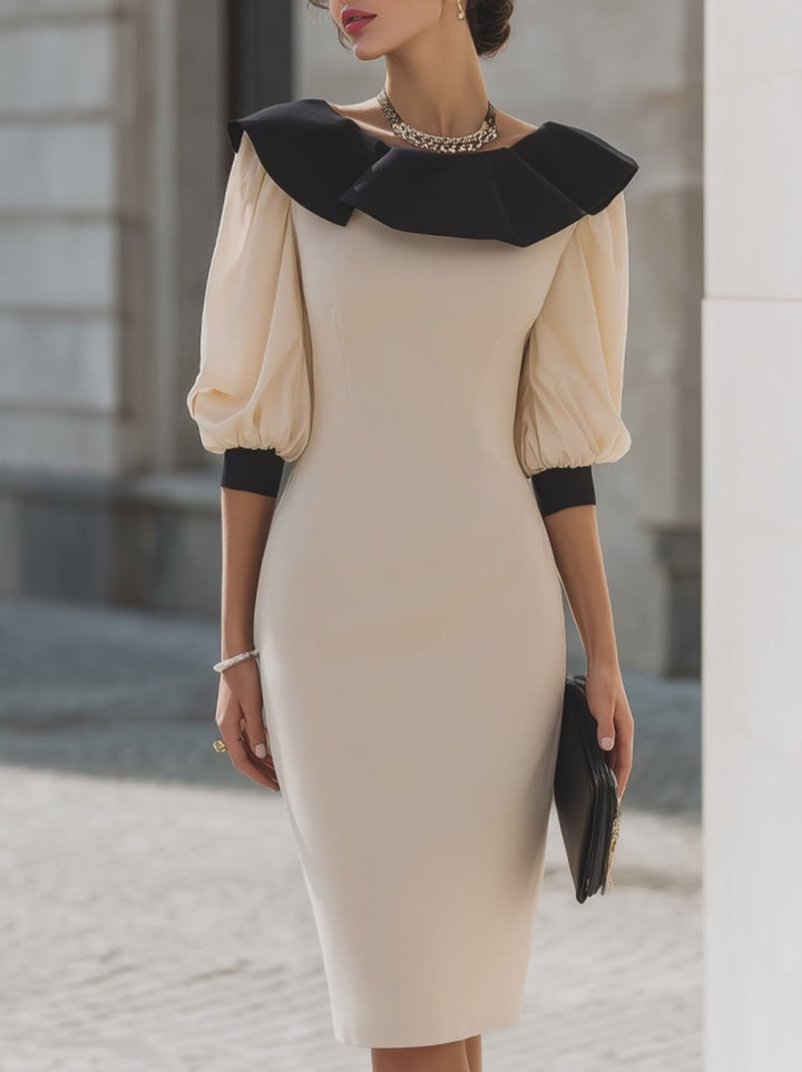 Olivia Bennet | Contrast Ruffle Collar Puff Sleeve Midi Dress