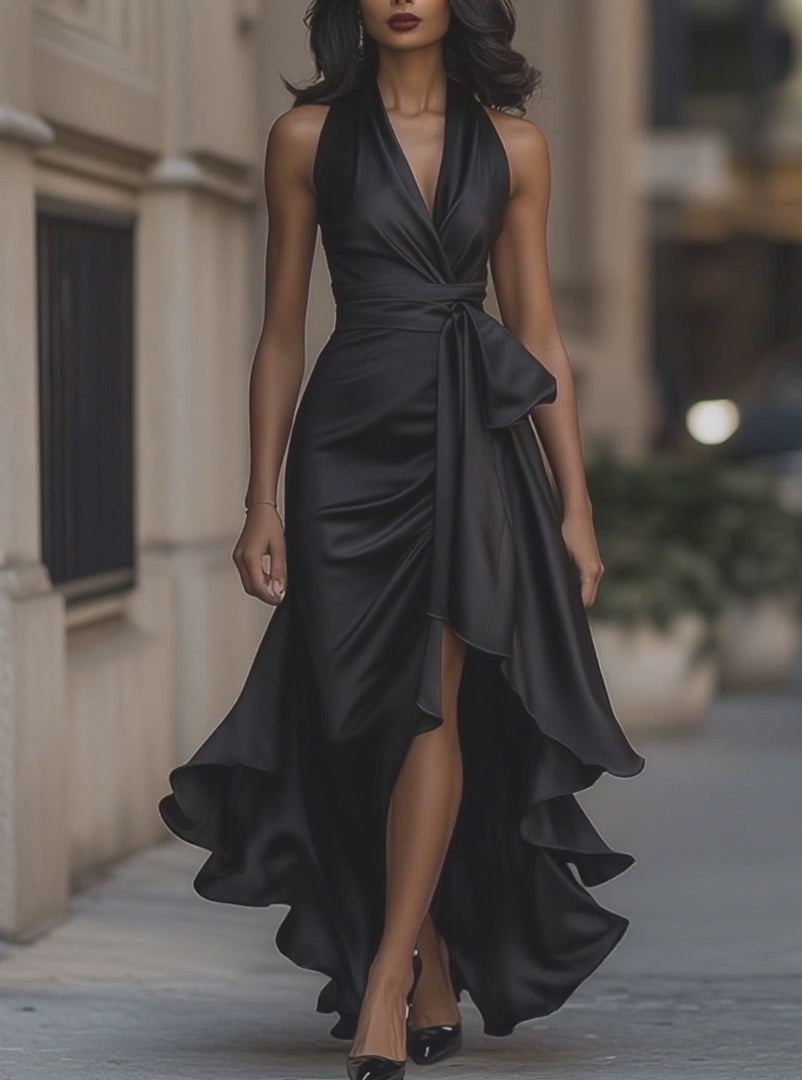 Olivia Bennet | Midnight Elegance Satin Halter Ruffle Gown