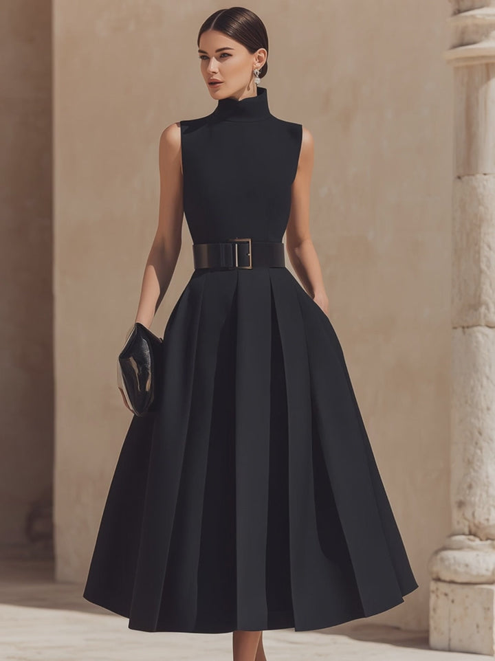Olivia Bennet | Belted High-Neck Pleated Maxi Dress