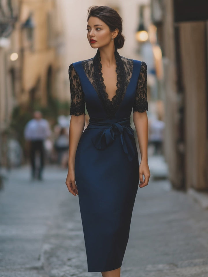 Olivia Bennet | Elegant Lace-Trim V-Neck Belted Midi Dress