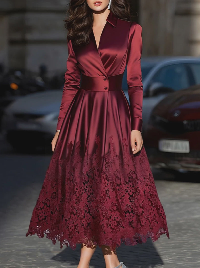 Olivia Bennet | Burgundy Satin Belted Midi Dress With Lace Hem