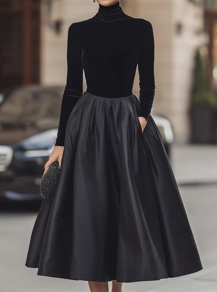 Olivia Bennet | Elegant Black Velvet And Satin Midi Dress