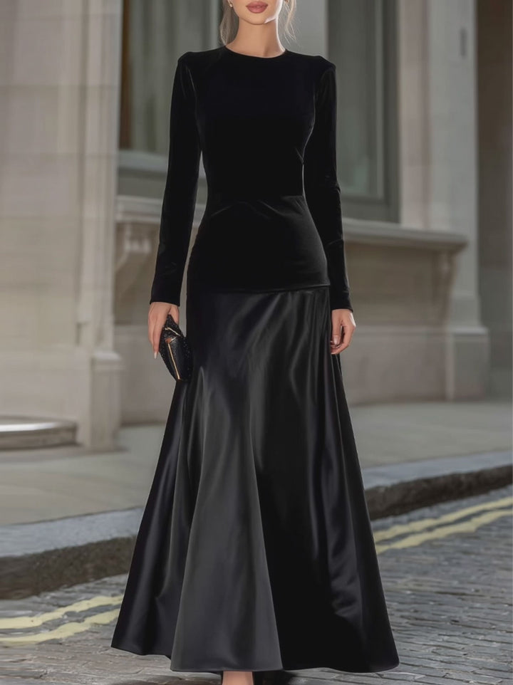 Olivia Bennet | Black Velvet & Satin Long-Sleeve A-Line Evening Gown