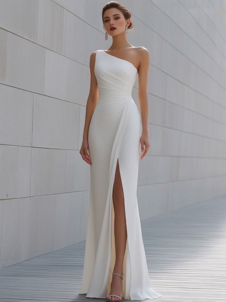 Olivia Bennet | One-Shoulder Draped Column Gown With Front Slit