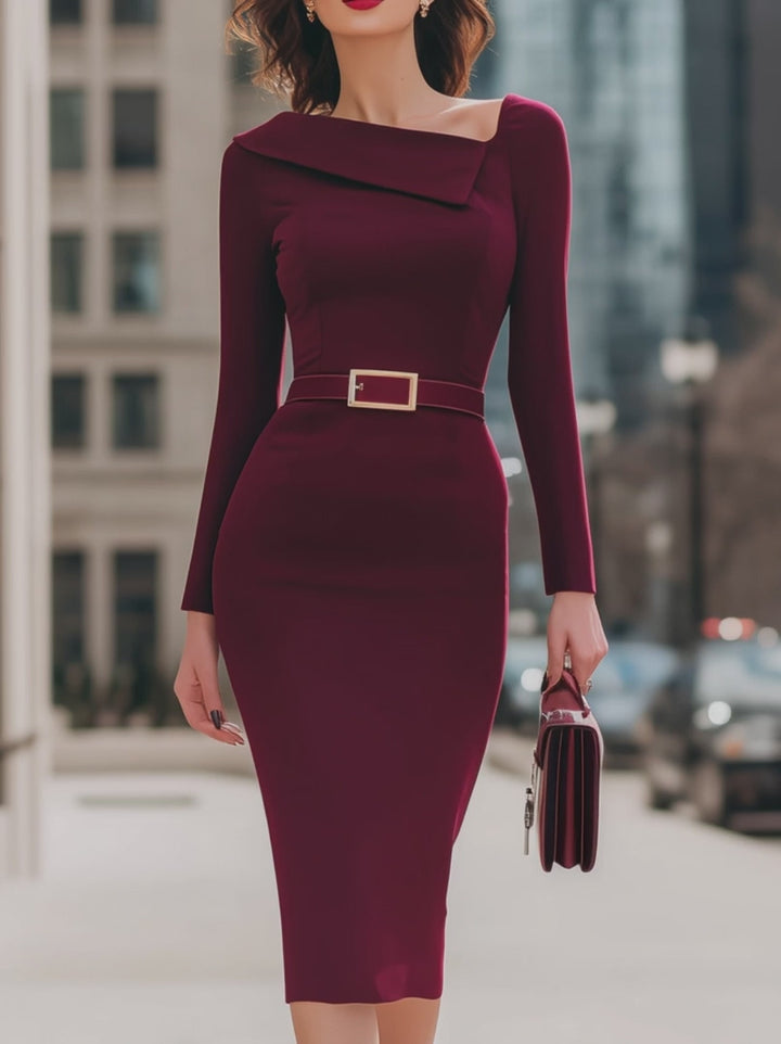 Olivia Bennet | Elegant Wine Red Belted Pencil Midi Dress